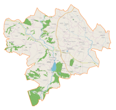 Mapa konturowa gminy Klimontów, blisko centrum na prawo znajduje się punkt z opisem „Adamczowice”