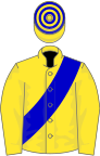 Yellow, blue sash, hooped cap