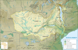 Mapa de la cuenca del Zambeze. En la parte izquierda pueden verse todos los ríos que nacen en la meseta de Bié