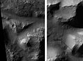 Atlantis Chaos, comme on le voit par HiRISE . Les deux images sont des parties différentes de l'image originale. Elles ont des échelles différentes. Image du quadrilatère Phaethontis.