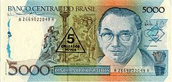 A Cz$5,000 banknote overstamped as NCz$5, portraying Candido Portinari