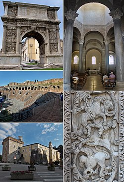 Main landmarks in Benevento. Clockwise from the upper left: the Arch of Trajan, the church of Santa Sofia, the Cathedral's main portal, the castle and the Roman theatre