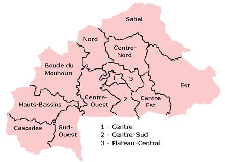 A clickable map of Burkina Faso exhibiting its 13 administrative regions.