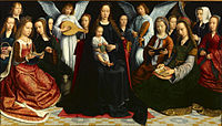 Virgo inter Virgines, Gerard David, c. 1509, z dvema donatorskima portretoma, v tem primeru umetnikom in njegovo ženo.[16]