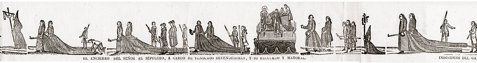 Fragment d'un full de rengle de la processó de la Sang de Barcelona amb la representació del misteri dels Revenedors. Posterior a 1817.