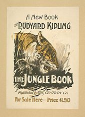 Illustrasyon an, an nwa, blan ak jòn. , reprezante tèt nan pwofil yon tig. Tèks la: Yon nouvo liv pa Rudyard Kipling, The Jungle Book pibliye pa The Century Co. Pou vann isit la - Pri 1,50 $.