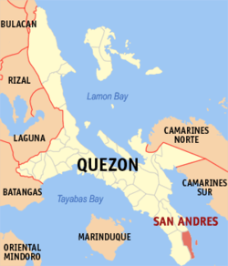 Mapa ng Quezon na nagpapakita sa lokasyon ng San Andres.