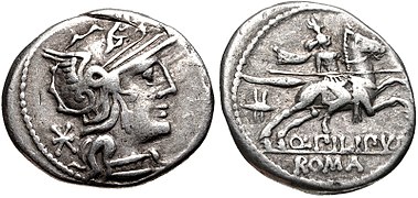 129 BC, Q. Marcius Philippus (Roma/Horseman, Macedonian helmet behind).