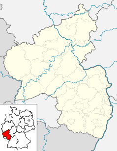 Mapa konturowa Nadrenii-Palatynatu, po prawej znajduje się punkt z opisem „Bad Münster am Stein”