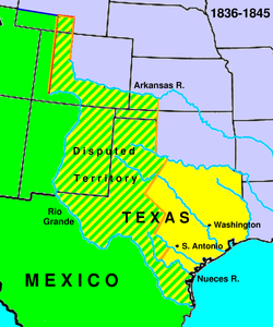 (زرد) جمهوری تگزاس ناحیه هاشور خورده مناطقی ست که جمهوری تگزاس با کشور مکزیک (سبز) در آن زمان بر سر آن نزاع و درگیری داشتند