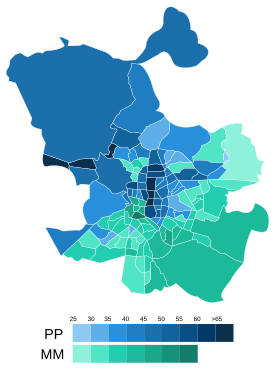 Mapa del resultado por distritos de la elección municipal de 2015 en Madrid