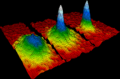 Image 28The first Bose–Einstein condensate observed in a gas of ultracold rubidium atoms. The blue and white areas represent higher density. (from Condensed matter physics)