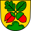 Wappen von Lichtenwald mit Eichenblatt, Buchenblatt, Eichel und Buchel