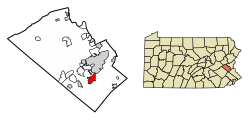 Location of Emmaus in Lehigh County, Pennsylvania (left) and of Lehigh County in Pennsylvania (right)