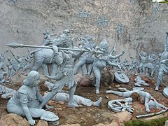 Monument montrant le Hari-Hor Yuddha historique sur la colline d'Agnigarh, à Tezpur.