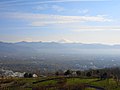 Panorama view of Yamanashi city and Kōfu Basin, from hill of Fuefuki River Fruit Park
