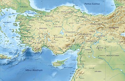 Карта північно-східного Середземномор’я. Зокрема, показано історичні області Сирія, Фінікія, Кілікія, Памфілія, Карія, Іонія та міста Дамаск, Апамея, Антіохія-на-Оронті, Каллінкум (як Нікефорій), Міласа, Мілет, Ефес, Сарди. Арвад лежав на узбережжі Фінікії між позначеними на мапі Триполі та Лаодікеєю