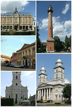 Left to right: Dacia Hotel, Firemen's Tower, Vécsey Palace (art museum), Chain Church, Roman Catholic cathedral