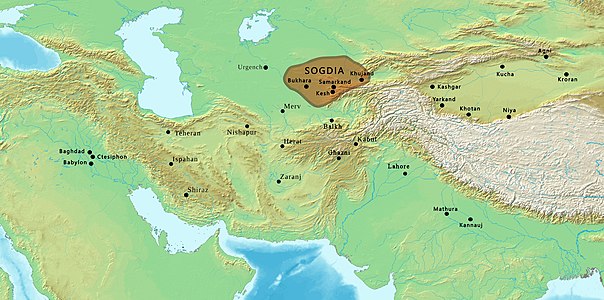 Sogdiana, located in Central Asia north of the Sassanid states. Silk was also produced in the Kingdom of Khotan (east of Sogdiana) at this time, and in the Indian subcontinent, east of the Sassanid Empire