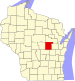 Harta statului Wisconsin indicând comitatul Waupaca