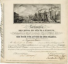 Aktie über 1.500 Francs der Compagnie des Mines de Fer de St. Étienne, ausgestellt am 1. Juli 1826. Dank dem bedeutenden Kohlevorkommen in dem Saint-Etienne-Becken nahm hier die französische Schwermetallurgie ihren Anfang.