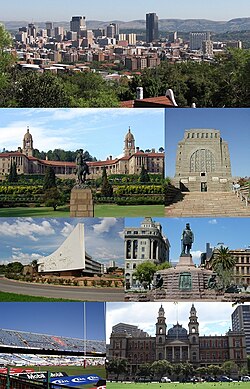 Clockwise from top left: Pretoria CBD skyline, Union Buildings, Voortrekker Monument, Administration Building of the University of Pretoria, Church Square, Loftus Versfeld Stadium and the Palace of Justice.