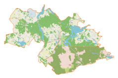 Mapa konturowa gminy Orzysz, w centrum znajduje się punkt z opisem „Orzysz”