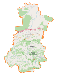 Mapa konturowa powiatu bocheńskiego, w centrum znajduje się punkt z opisem „I Liceum Ogólnokształcące im. Króla Kazimierza Wielkiego w Bochni”