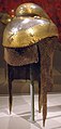 Image 12Sikh warrior helmet with butted mail neckguard, 1820–1840, iron overlaid with gold with mail neckguard of iron and brass (from Sikh Empire)