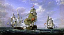 Combat du HMS Tremendous (au premier plan) et du HMS Hindostan contre la frégate française la Canonnière