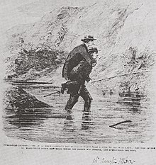gravure représentant un homme en transportant un autre sur son d'eau sur une rivière.