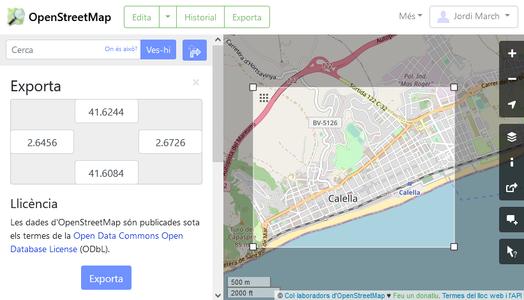 Delimitant l'àrea que ens interessa obtenir. Observeu que han canviat (lògicament) les coordenades al plafó de l'esquerra, i que caldrà anotar (valors necessaris per crear posteriorment la plantilla del mapa).