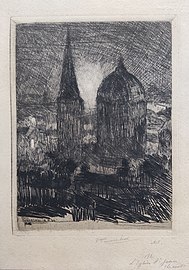 L’église Saint-Jean, la nuit, 18 septembre 1894 (Eau-forte ; Inv. Kunel nº 171 ; 15 x 11,5 cm), Collection privée