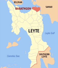 Mapa ng Leyte na nagpapakita sa lokasyon ng Babatngon.