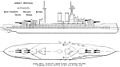 Plano derecho y dibujo en alzado del Anual Naval de Brassey de 1923; las áreas sombreadas representan el blindaje de los barcos