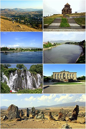 From top left: Sisian skyline • Saint Gregory Church of 689 Sisian with Mount Mets Ishkhanasar • Vorotan River شکی آبشار • Sisian Town Hall Zorats Karer archaeological site