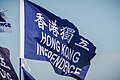書有「香港獨立」及英文「Hong Kong Independence」的藍底白字旗，創作者為Paladin Cheng（中文名：鄭俠）
