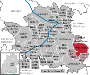 Poziția orașului Weilheim an der Teck pe harta districtului Esslingen