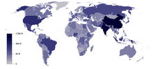 Map of the world showing population density by country. Darker shades show countries with higher population density.