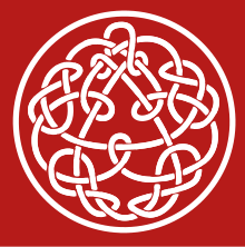 Modern Celtic-inspired design involving a circle surrounding a triangle; between them are undulating and crossing patterns. The background is crimson.