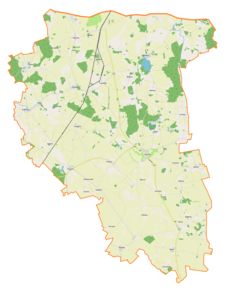 Mapa konturowa gminy Barciany, blisko górnej krawiędzi po prawej znajduje się punkt z opisem „Asuny”