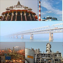 From top left to right: Naulakha Temple;NTPC, Barauni ;Rajendra Setu; Barauni Refinery;HURL, Barauni Fertilizer