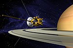 Vue d'artiste de l'insertion de la sonde Cassini-Huygens dans l'orbite de Saturne.