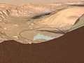 Gale Crater - Landing site is noted - also, alluvial fan (blue) and sediment layers in Aeolis Mons (cutaway).