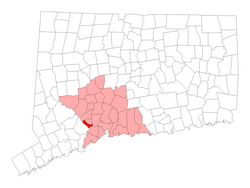 コネチカット州におけるニューヘイブン郡（ピンク）と同郡におけるダービー（赤）の位置
