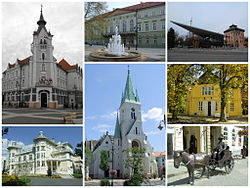 Frae the left: Ceety Haw o Kaposvár, Coonty Haw o Somogy, Varsity o Kaposvár, Csiky Gergely Theatre, Cathedral o Kaposvár, Rippl-Rónai Villa an the statue o József Rippl-Rónai