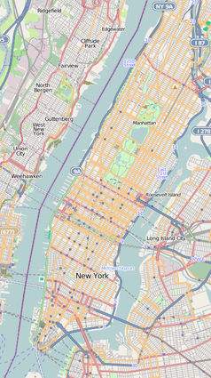 Mapa konturowa Manhattanu, na dole po lewej znajduje się punkt z opisem „Citigroup Inc.”