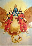 騎在迦樓羅上的毗濕奴的圖片《Raja Ravi Varma（英語：Raja Ravi Varma）繪畫》