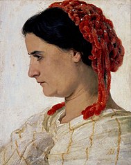 19th-century woman with red hairnet