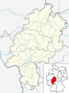 Mapa konturowa Hesji, na dole nieco na lewo znajduje się punkt z opisem „Heppenheim (Bergstraße)”